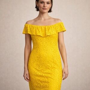 Ashro Lace Sheath Dress Women 12 Yellow Off Shoulder Ruffle Wedding Guest Bright
